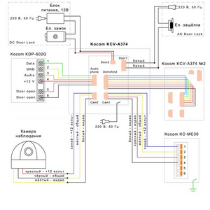 Видеодомофон KOCOM KVC-A374 и KC-MC30 схема подключения